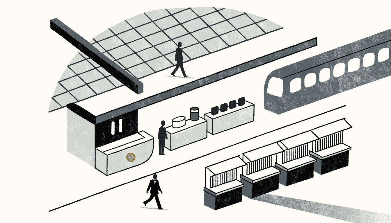 A calm illustration of an underground station retail concourse, with a silhouette commuter passing a sweets counter and rows of food stalls under a curved glass ceiling.