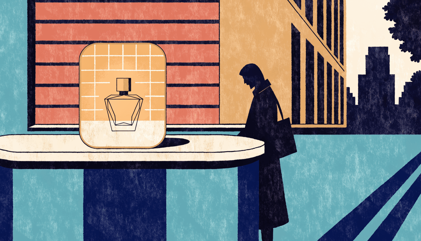 Illustration of an elegant department-store fragrance counter at twilight-blue hour, a glass perfume bottle on display and a shopper browsing in silhouette.