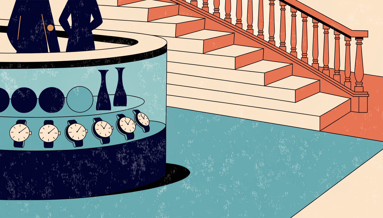 Editorial illustration of a renovated department-store floor with a glass jewellery and watch display counter, a grand staircase in the background, and two silhouette shoppers browsing