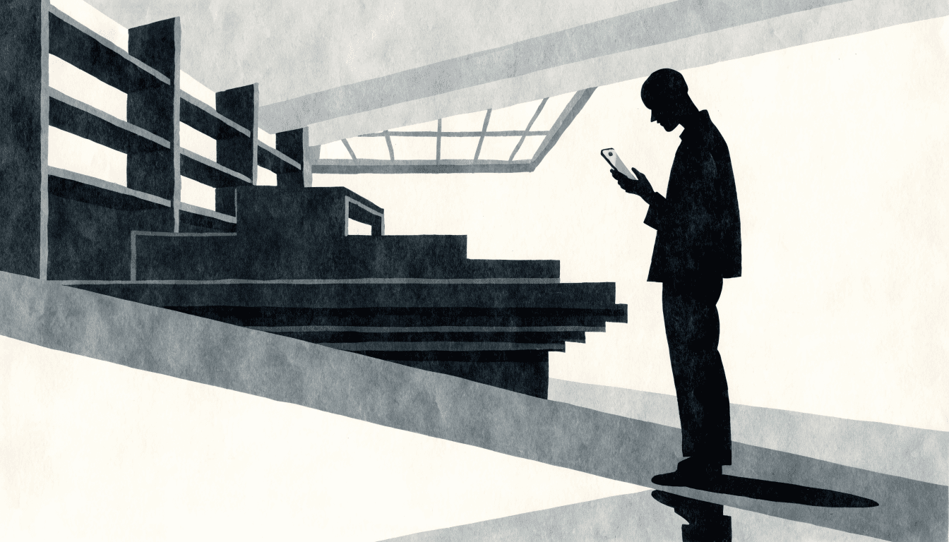 Calm editorial illustration of a shopper checking a smartphone on a department-store staircase landing, near-monochrome tones with a warm phone glow.