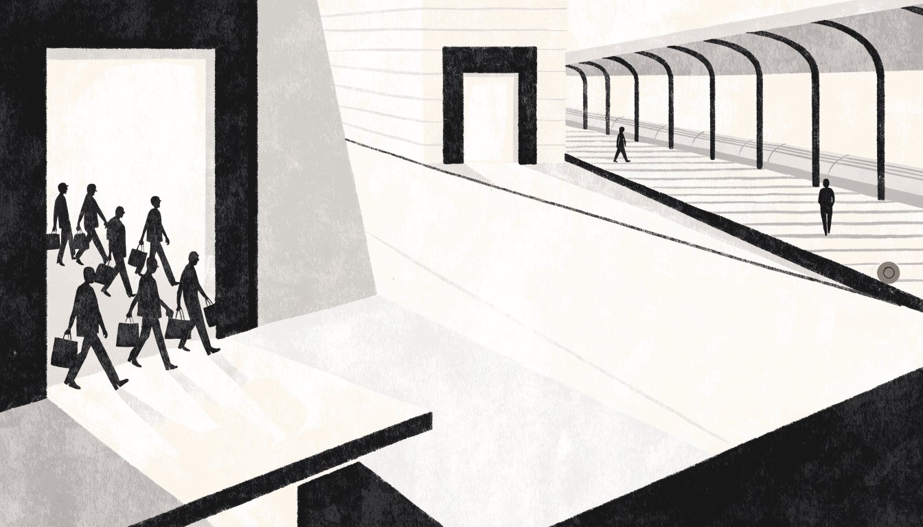 Illustration of a grand department-store entrance beside a busy railway terminus concourse, shoppers streaming through one bright doorway while a neighbouring entrance across the plaza stays quiet.