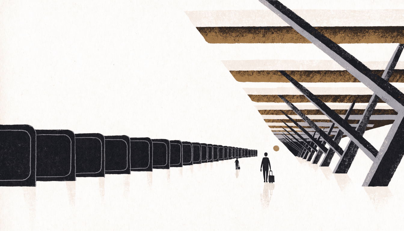 Editorial illustration of a long diagonal airport terminal corridor with wood-and-steel ceiling beams, silhouette travellers with rolling bags walking toward the gates, near-monochrome with one brass accent.