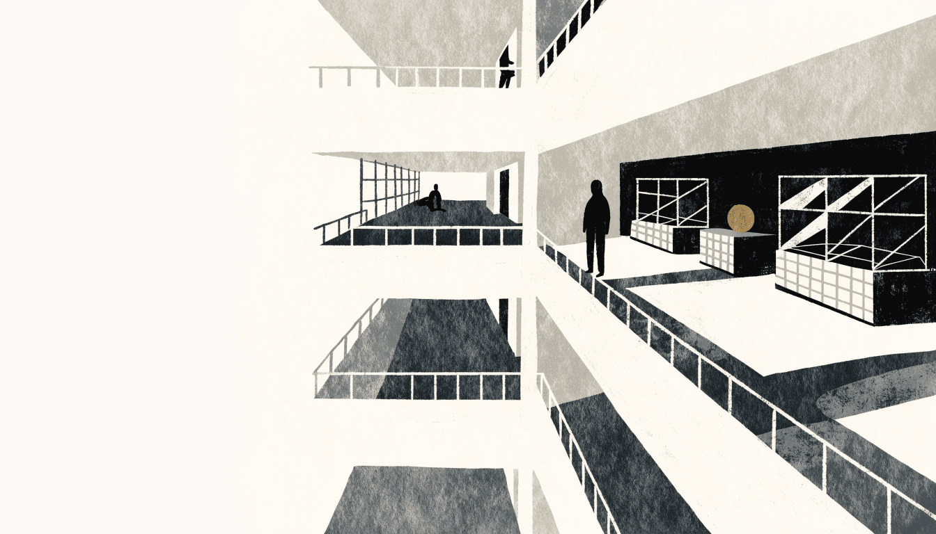 Illustration looking up into a grand department-store atrium with glass display cases on a luxury floor, calm near-monochrome style.