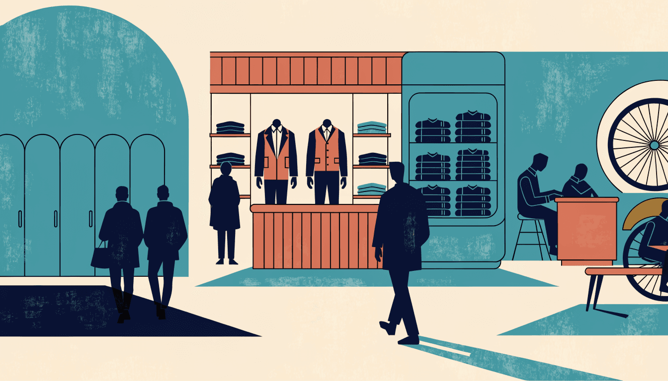 Bold, warm editorial illustration of a menswear department-store floor: a rebuilt suiting counter with mannequins and folded knitwear shelves, two customers browsing in silhouette, and a glimpse of a bicycle workshop corner with a large wheel, in petrol-teal and terracotta.