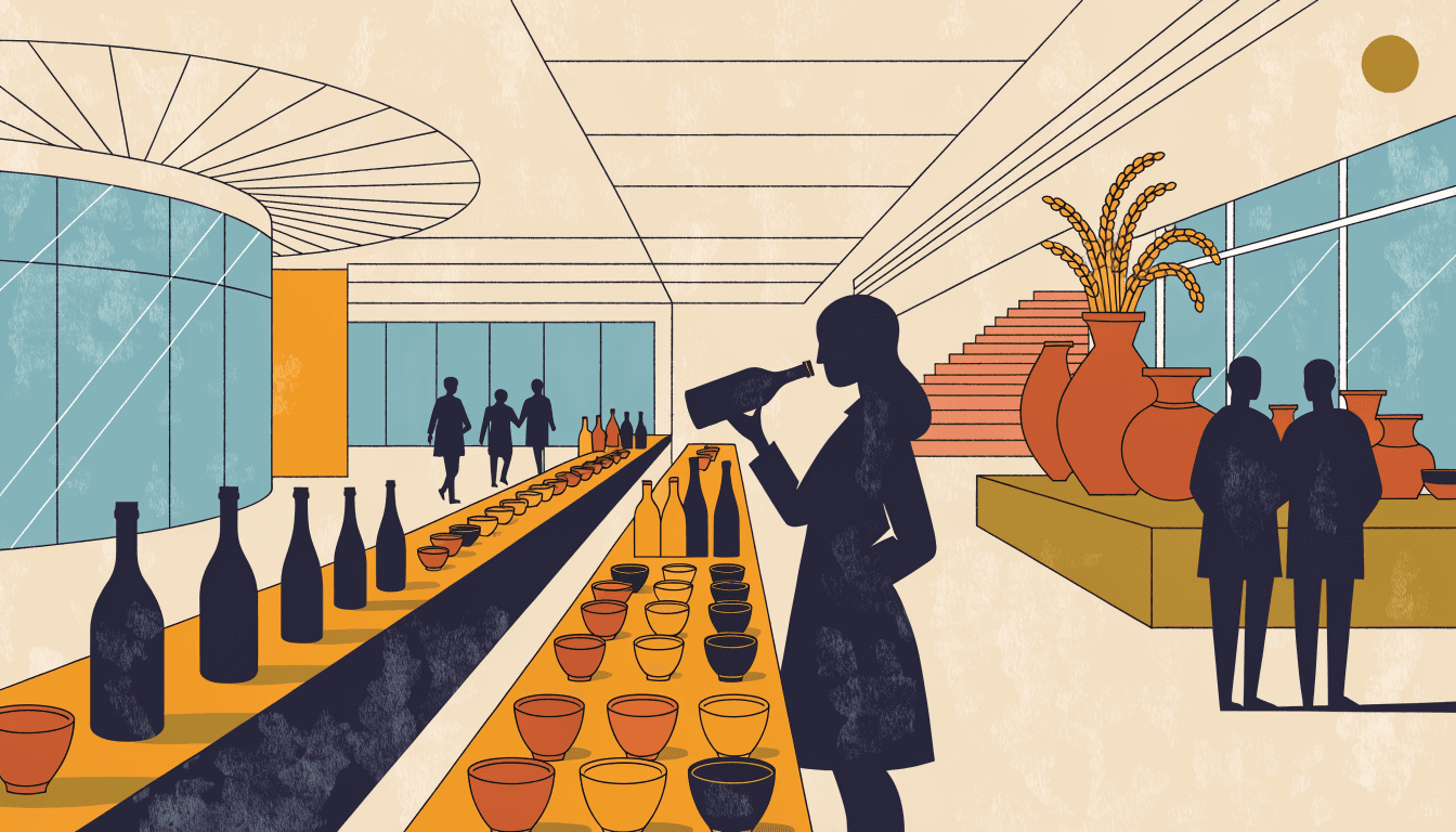 Editorial illustration of a department-store sake festival, rows of bottles and tasting cups on long tables with a figure sampling a pour.