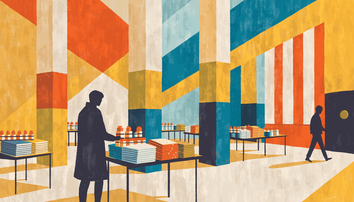 Illustration of a bright department-store event floor in Osaka with rows of small sampling tables, jars, bottles and folded linens, and two shoppers in silhouette, in a warm editorial style.