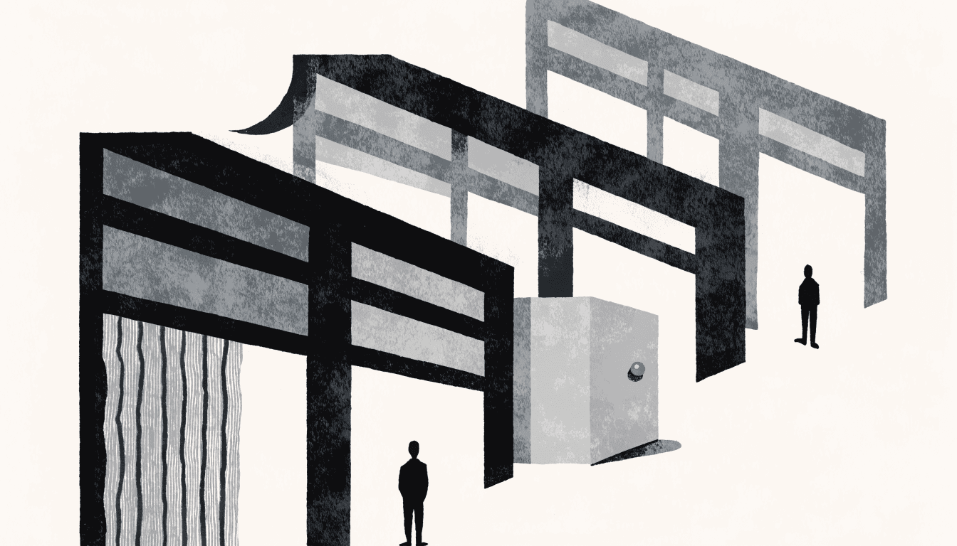Illustration of a department-store luxury-boutique atrium seen along a layered diagonal, with two small silhouette figures for scale, calm near-monochrome palette and one small brass accent.