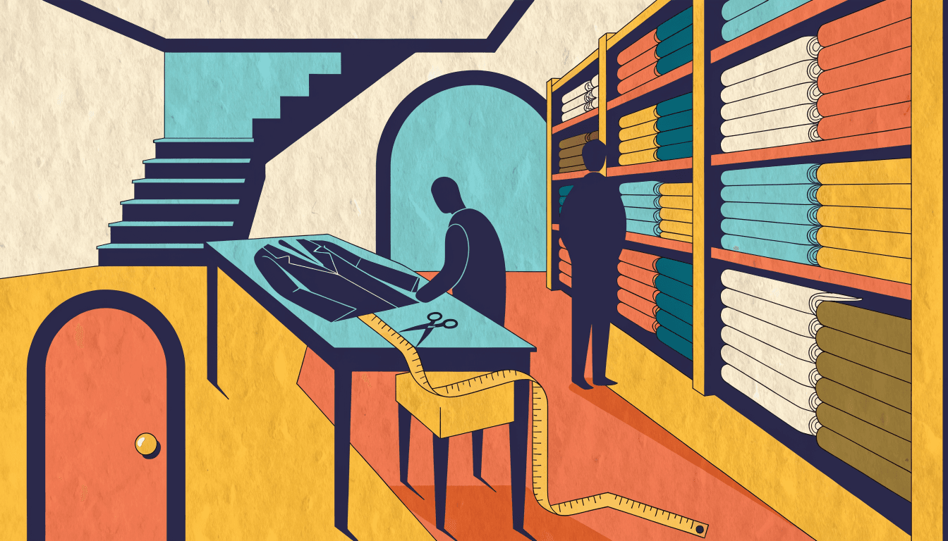 Illustration of a tailor's workshop with bolts of suiting fabric on shelves and a cutting table.