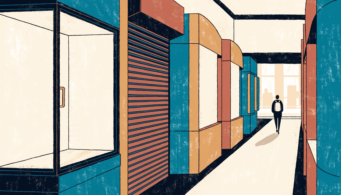 Editorial illustration of a department store luxury boutique floor in soft evening light, an empty glass display case beside a half-lowered shutter, a single silhouette figure walking away down the aisle, a thin line of gold trim along the counter edge.