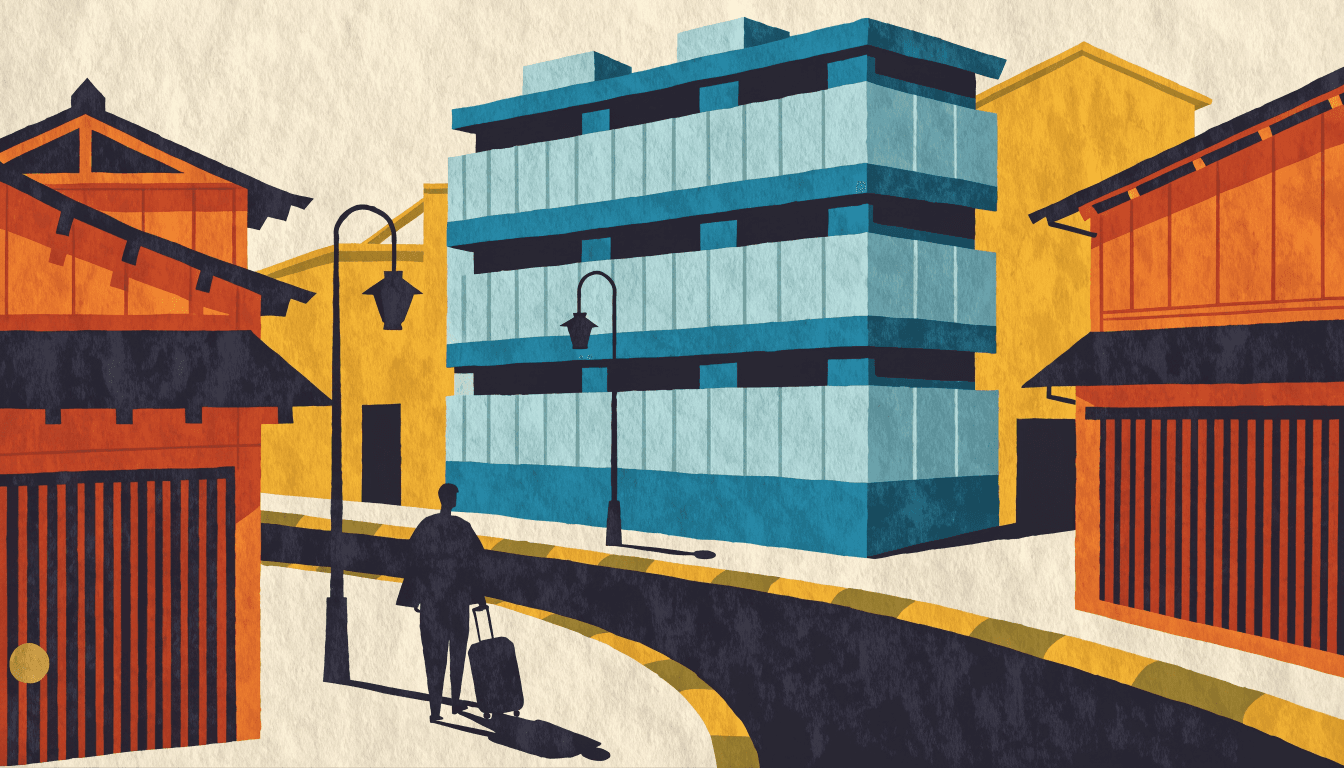 Editorial illustration of a Kyoto street corner near Shijo Karasuma: a modern hotel facade rising between traditional machiya townhouses, a silhouetted traveller with a rolling suitcase crossing the street, lantern-style streetlights lining the sidewalk.