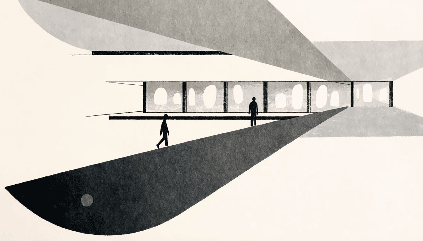 Calm editorial illustration of a department-store gallery space with a glowing backlit art print and two silhouette figures walking past, one small gold accent below.