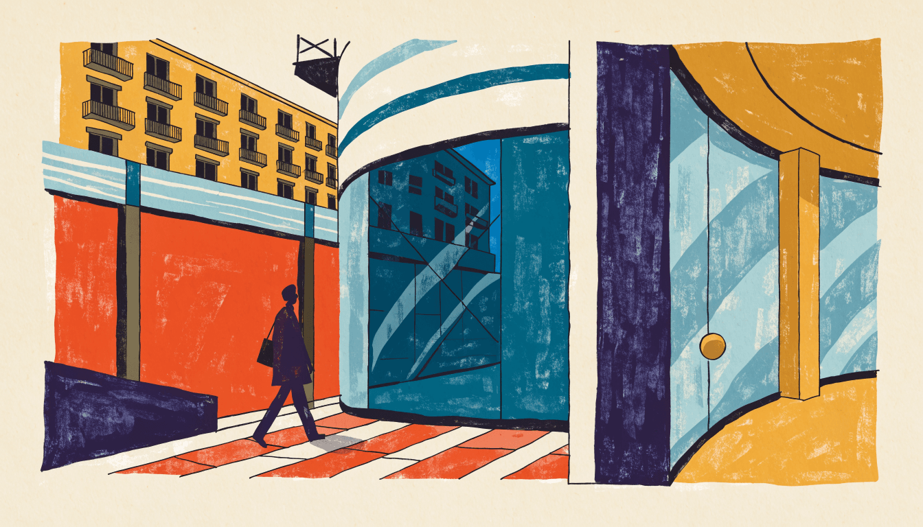Editorial illustration — a silhouetted figure walking past a partially hoarded, partially renovated luxury shopping arcade.
