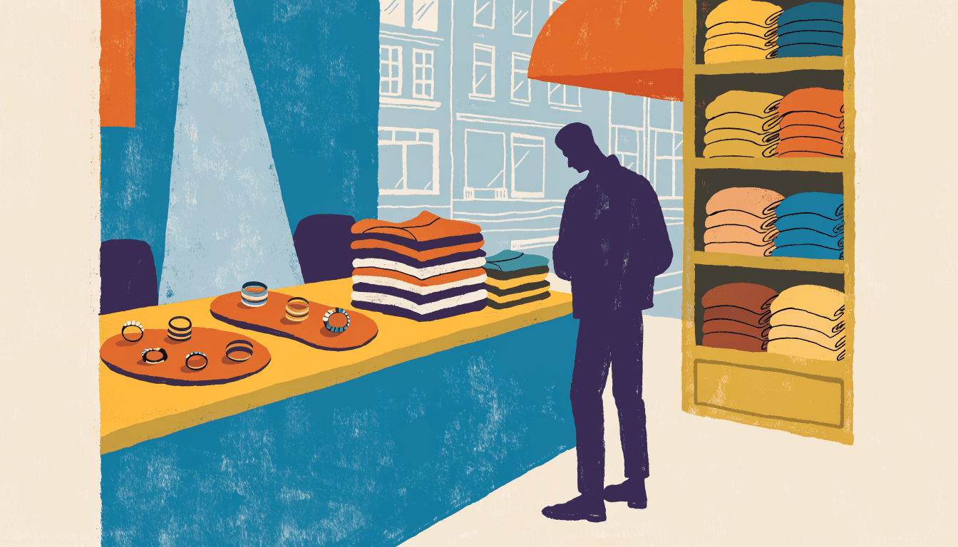 Warm editorial illustration of a department-store pop-up counter with jewelry rings on velvet trays under a spotlight, folded apparel stacked on shelves, and a shopper in silhouette browsing.