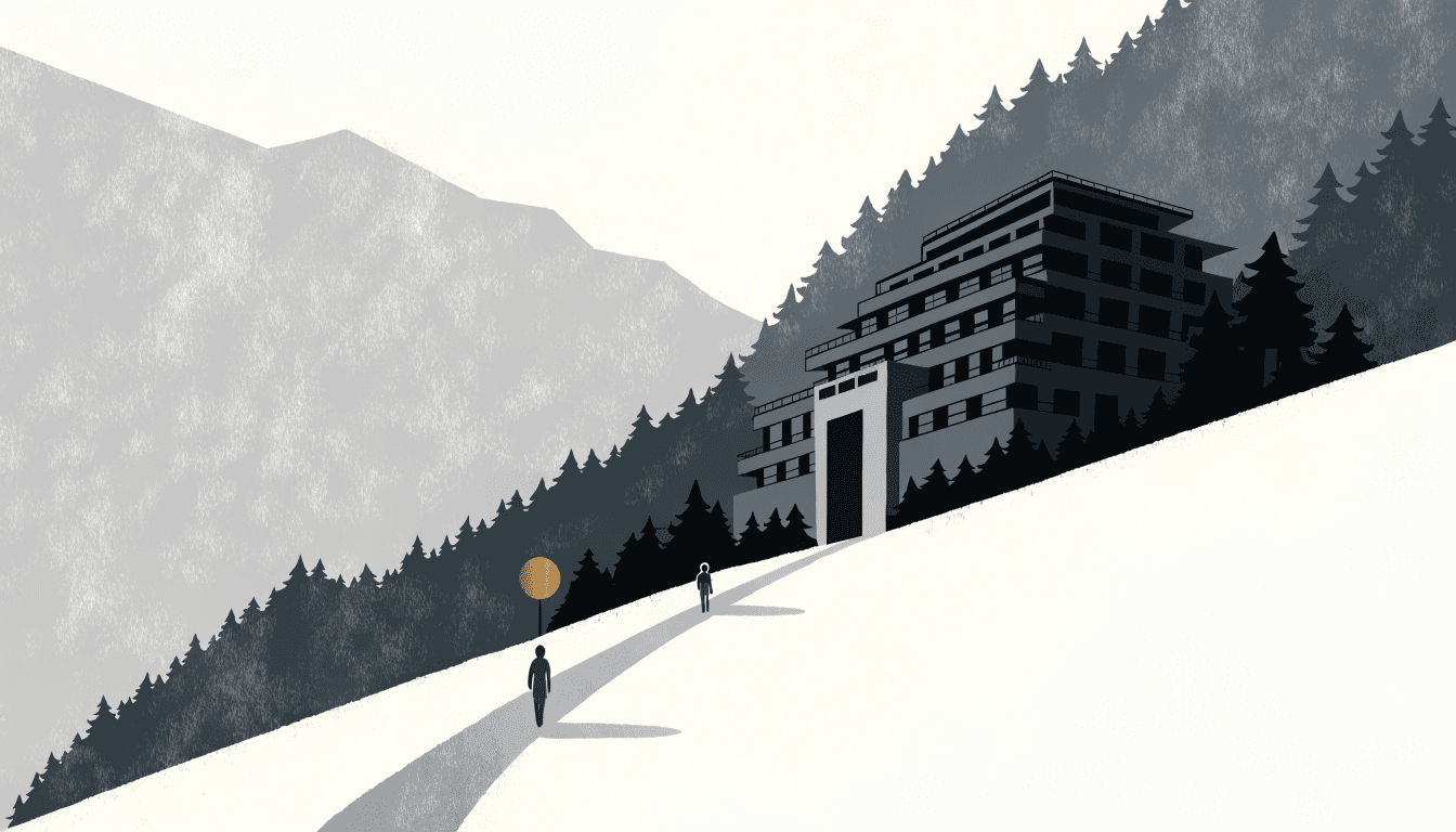 Illustration of a quiet multi-storey hotel building set into a forested mountain slope, with two figures walking a long diagonal path toward the entrance.