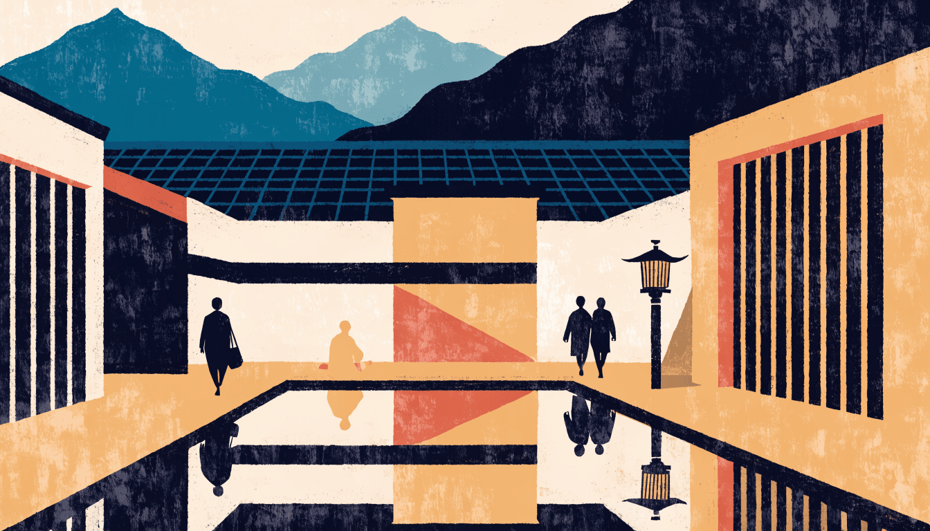 Illustration of a hushed hot-spring ryokan courtyard at night with a reflecting pool and mountain silhouettes