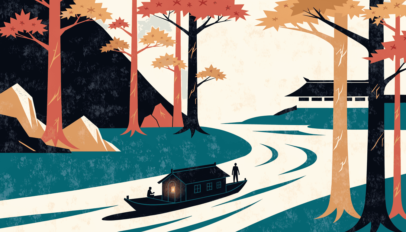 A warm editorial illustration of a traditional Kyoto houseboat drifting on a quiet river beneath red and gold autumn maples, with lantern light and a distant thatched-roof teahouse on the bank.