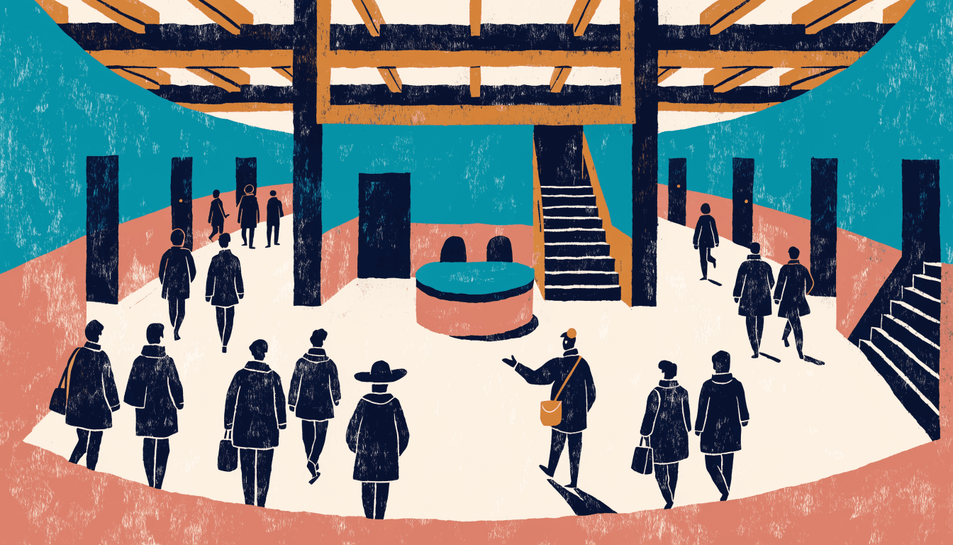 Illustration of guests on a guided walking tour through a former prison's radial corridors, now a luxury hotel