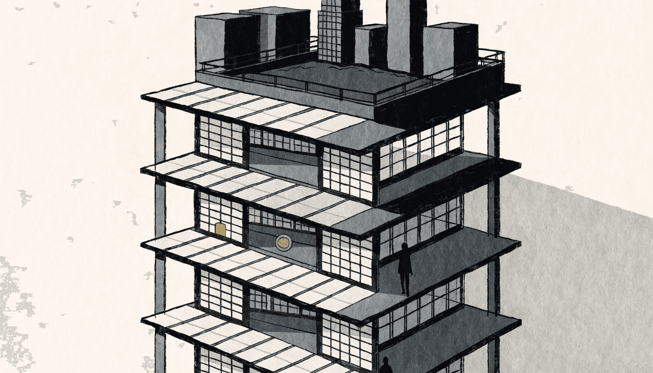 Illustration of a tall traditional Japanese ryokan-style hotel tower with tatami-floored rooms and a rooftop bath, calm near-monochrome style.
