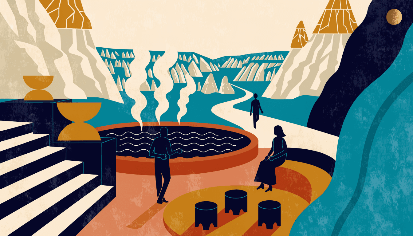 Editorial illustration — A tranquil thermal spa terrace overlooking pale rock-cone valley formations at dusk, with steam rising from an outdoor mineral pool, evoking a Cappadocia-style resort setting.