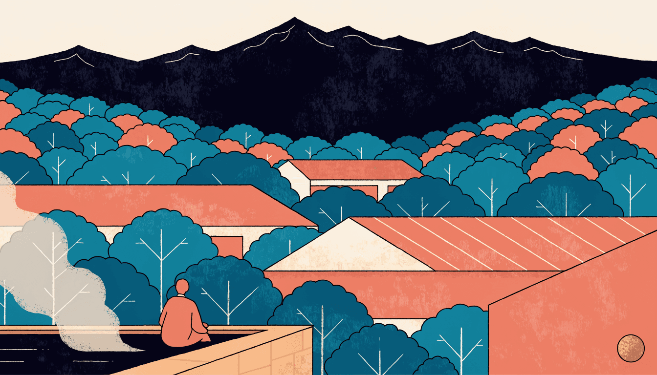Flat-vector editorial illustration of a secluded hot-spring resort in the forested Hakone mountains: low villa buildings with wide eaves among pine-covered hills, a private open-air stone onsen bath with soft steam rising in the foreground, and a single figure seen from behind resting at the water's edge under a calm evening sky.