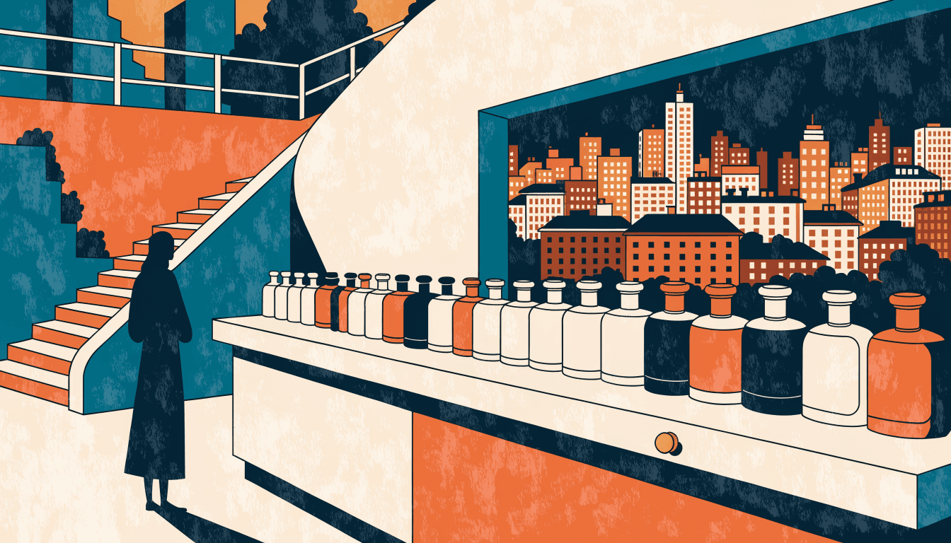 Editorial illustration of a marble-and-brass fragrance boutique counter inside a modern hillside complex at dusk, bottles arranged on a bar with a silhouette figure browsing and a glowing city skyline beyond the window.