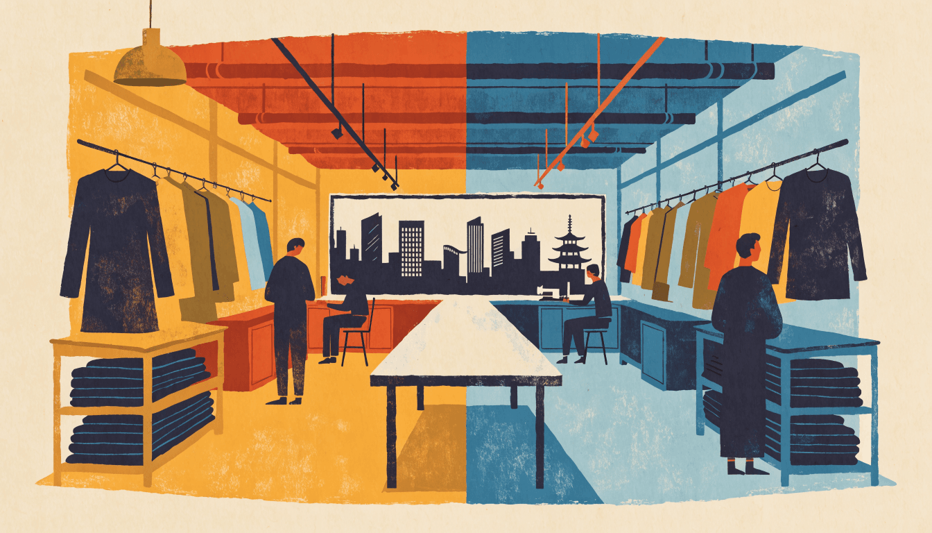 Flat-vector illustration of two adjoining garment workshops drawn as one open cross-section, each side in a different colour, joined down the middle by a single long shared cutting table, with clothing rails on both sides and a city skyline visible through the window behind.