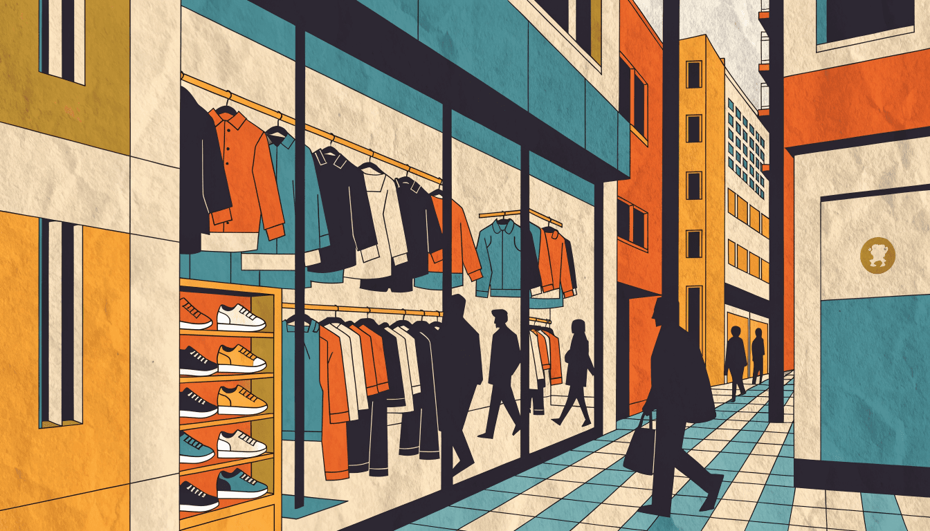 Bold, warm editorial illustration of a large glass-fronted streetwear store on a busy Tokyo avenue, racks of clothing and a shelf of sneakers visible through the storefront, a small lion emblem motif on a wall panel, silhouette shoppers browsing and walking past outside under bright daytime city light.