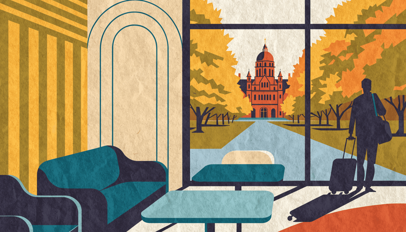 Illustration of a hotel lounge with large windows overlooking a city park and a red-brick landmark in the distance, autumn leaves on the trees, a silhouetted traveller crossing the room with a suitcase.