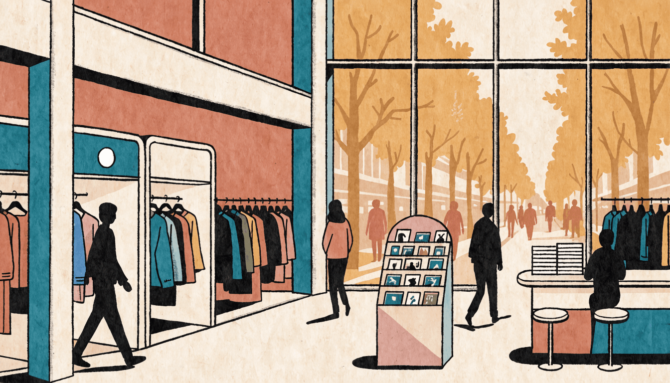 Flat-vector illustration of a bright, modern retail floor inside a Tokyo shopping complex: open boutique kiosks and clothing racks arranged along a light wood-toned floor, a small café corner with round stools, and a soft pastel photo-card display stand, no readable text, logos or faces, floor-to-ceiling windows show Omotesando's tree-lined street outside in warm afternoon light.