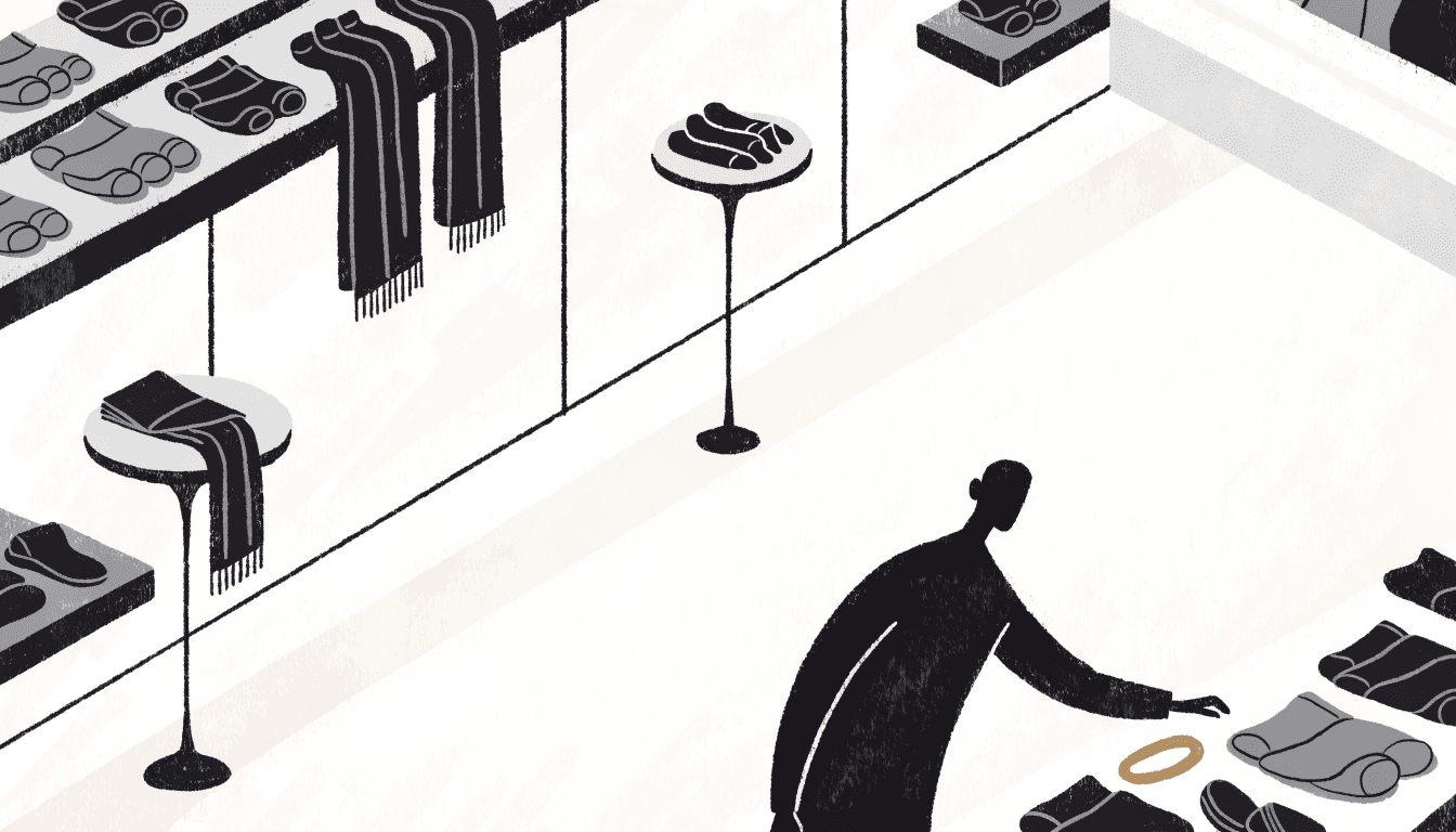 Editorial illustration of a department-store accessories corner, folded socks and scarves on floating shelves with a shopper browsing.