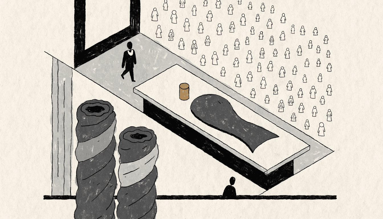 A calm illustration of a minimalist fashion atelier, with a silhouette figure walking past a cutting table and bolts of fabric toward a wall of sketches.