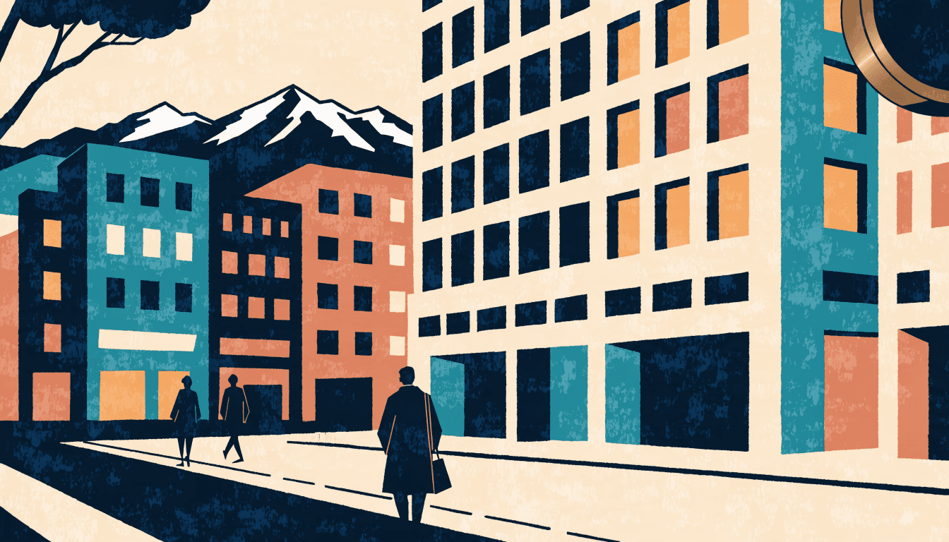 Editorial illustration of a lively Sapporo Susukino street at night with a modern hotel facade, glowing sign silhouettes, a couple of pedestrian silhouettes and snow-capped mountains in the distance.