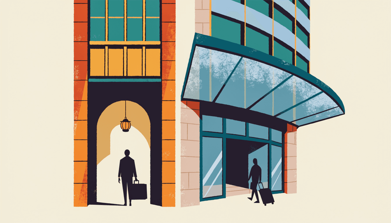 Editorial illustration of two contrasting hotel entrances side by side — a narrow, neon-lit alley entrance on one side and a sleek new glass-and-stone facade on the other — a silhouetted guest with luggage approaching each.