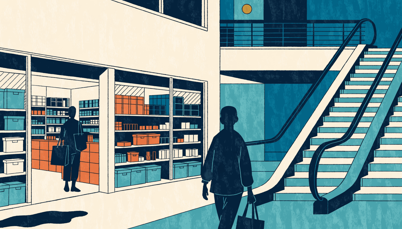 Illustration of a compact home-furnishings shop inside a modern Japanese shopping mall, neat shelving of flat-pack furniture and storage boxes, a silhouette shopper browsing with a tote bag, an open mall atrium visible beyond