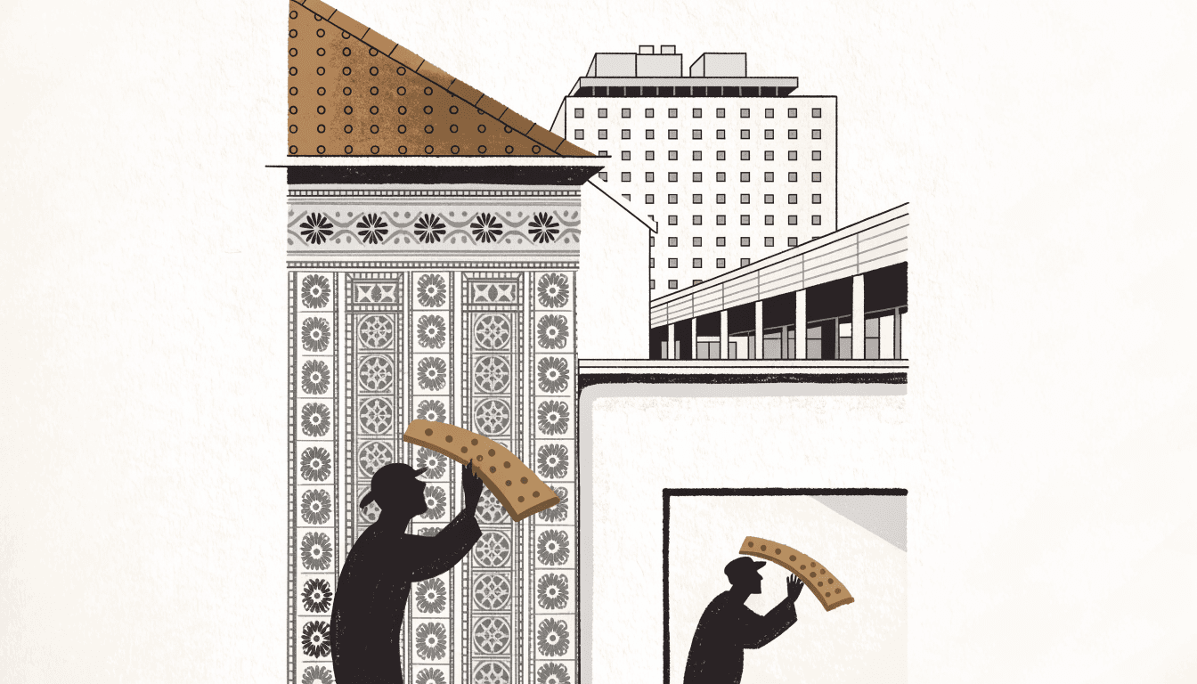 An editorial illustration of a historic tiled and terracotta building facade with a copper roofline meeting a contemporary hotel structure, a small silhouette figure examining a salvaged roof tile in the foreground