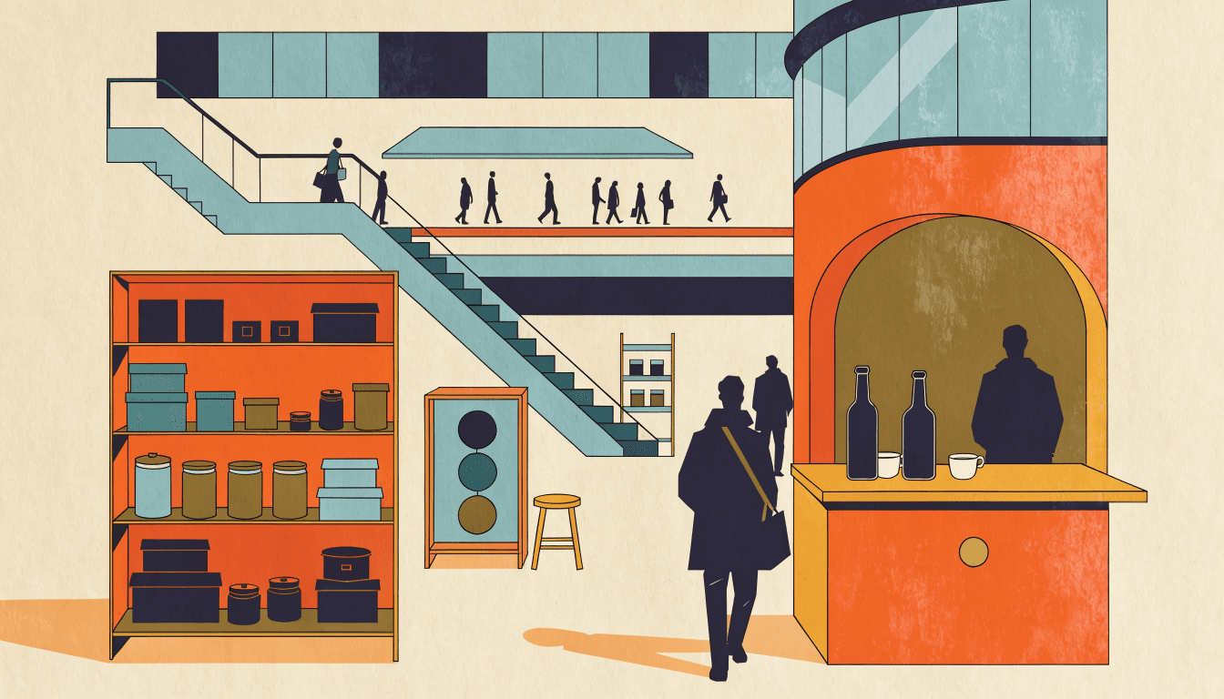 Editorial illustration of a sake tasting counter set up inside a department-store event space, bottles and small cups arranged on a table with silhouette figures browsing.