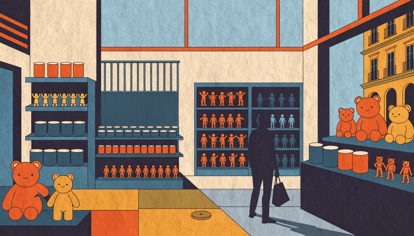 Illustration of a character-goods and toy licensing floor with shelves of collectible figures and plush toys