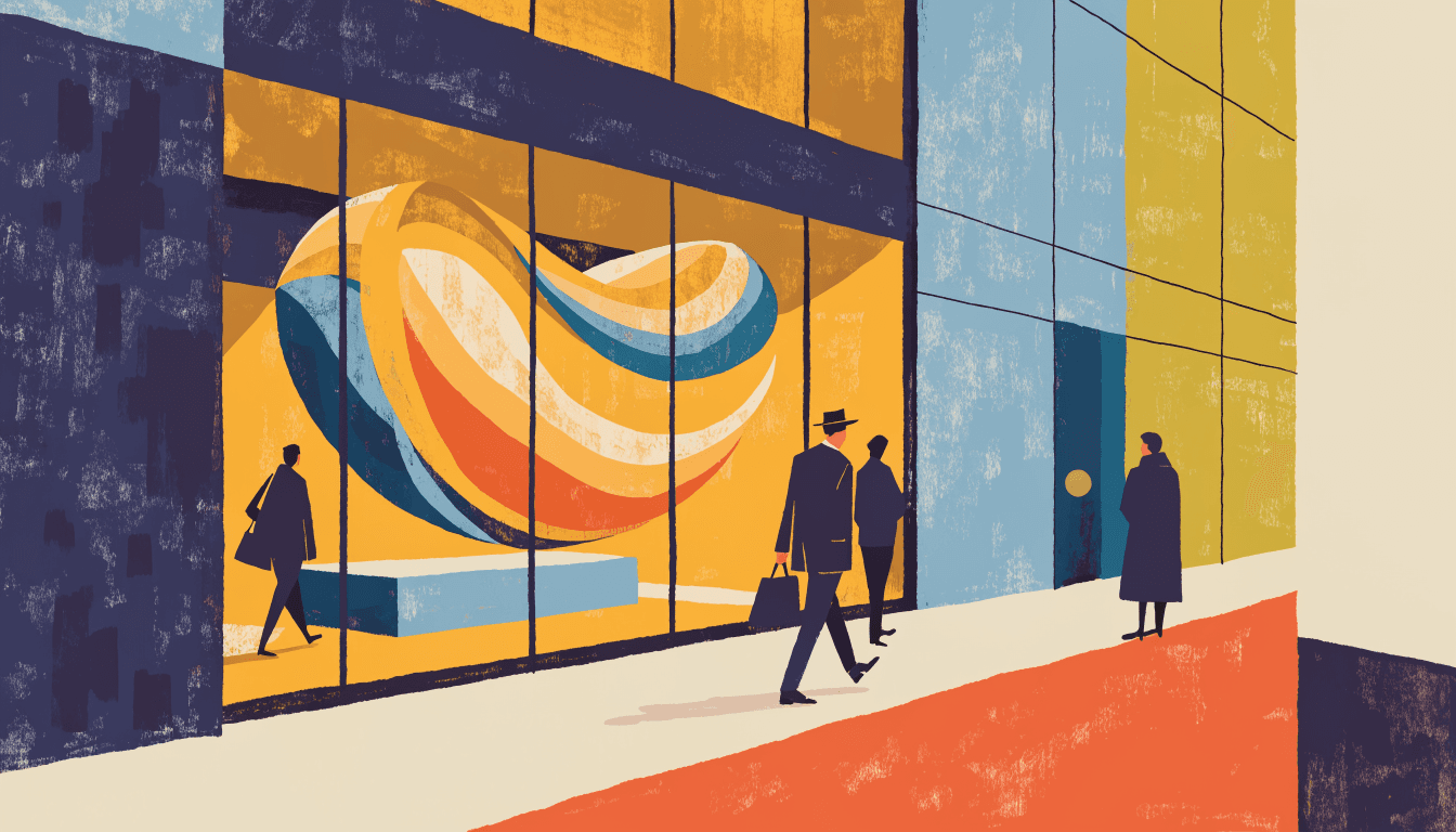 A warm editorial illustration of a glowing lounge boutique on a Ginza street at dusk, with a swirling light installation visible through tall windows and silhouetted passersby on the pavement.