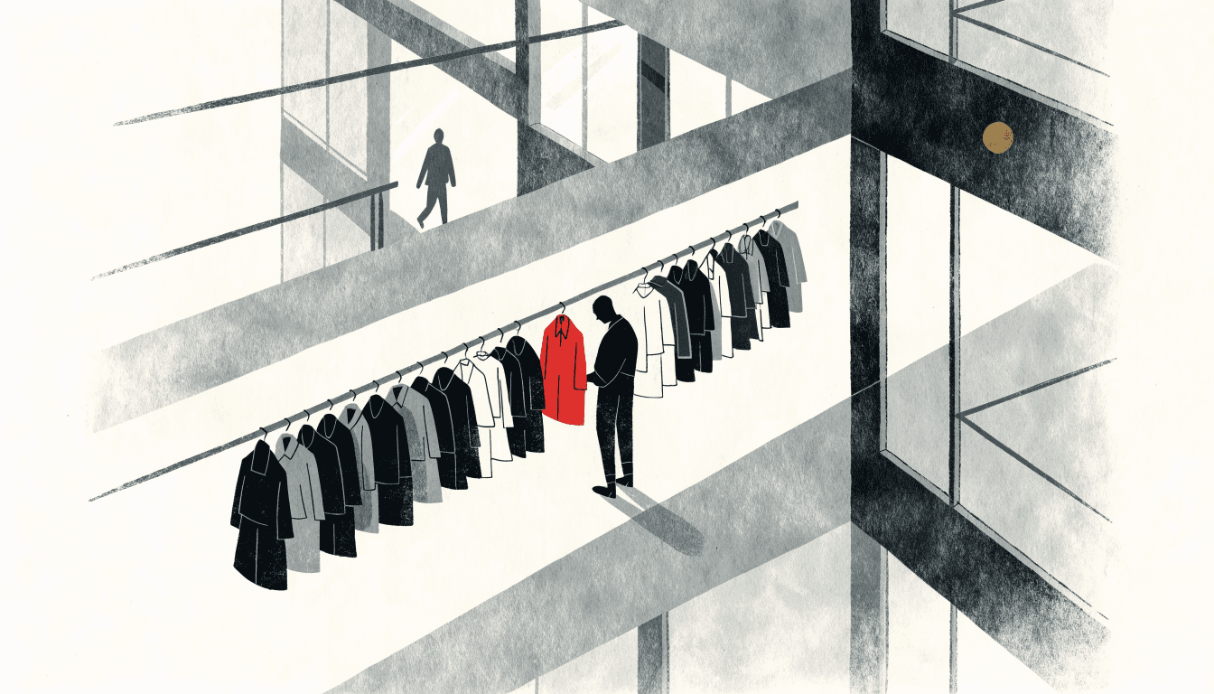 Illustration of a department-store clothing rail seen from a layered architectural vantage, with one red garment standing out among muted tones and a silhouette figure browsing.
