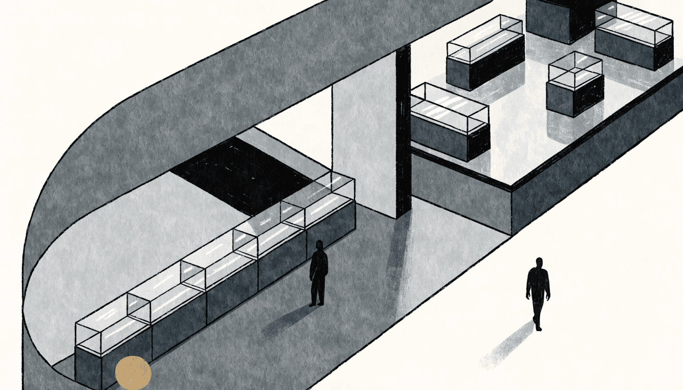 Editorial illustration of a Japanese department store's jewellery and watch counters, warm colour palette, no text or logos.