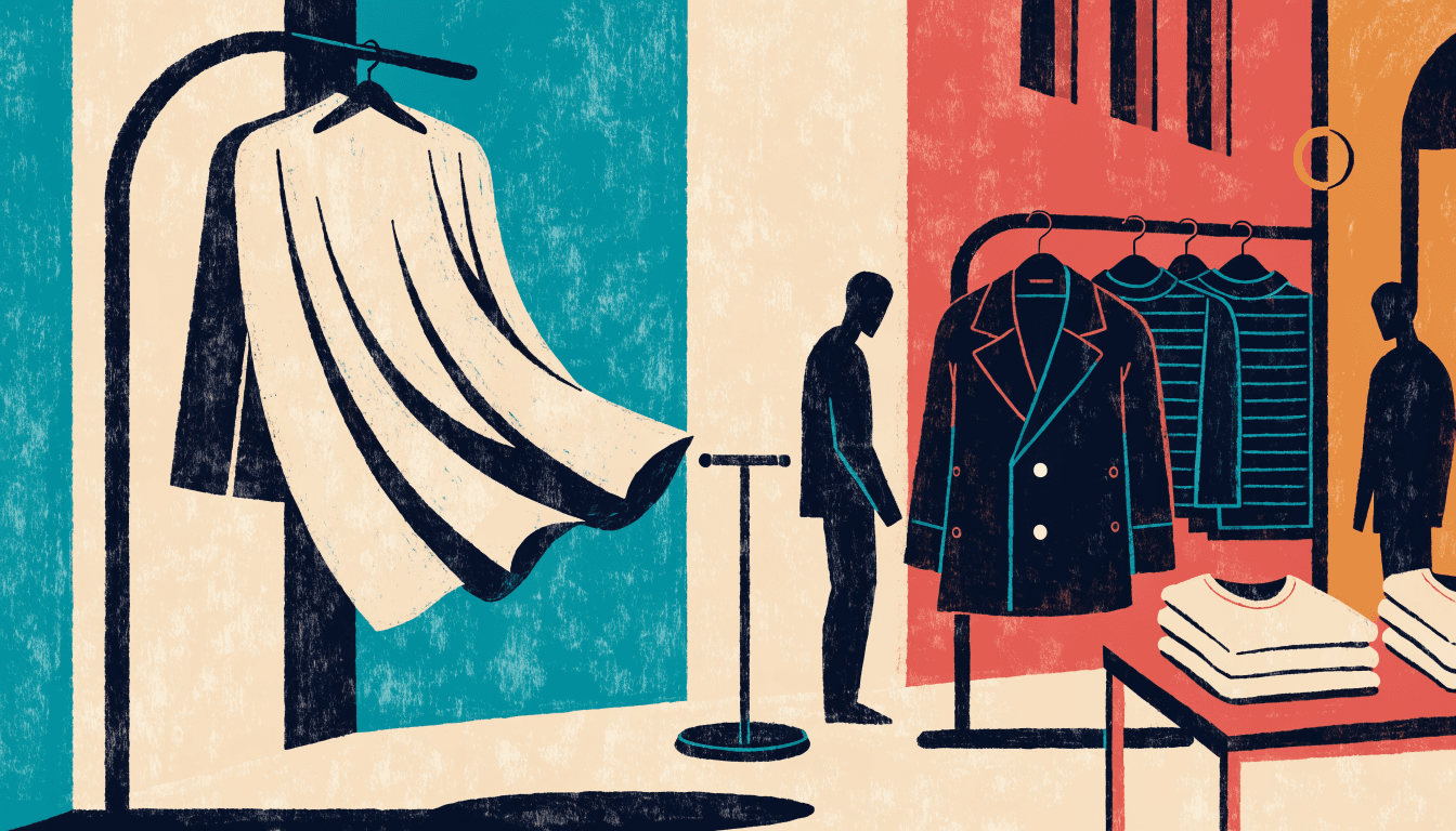 Two facing garment racks in a department-store pop-up corner, one draped in light airy fabric, the other hung with tailored jackets and knitwear, silhouette shoppers browsing between them