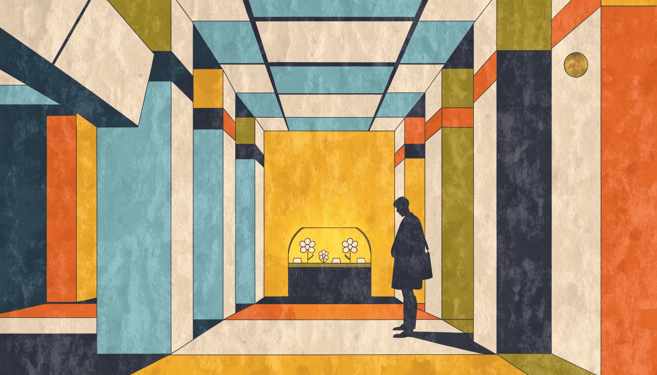 Illustration of a jewellery display case glowing inside a grand department-store hallway, with a shopper pausing to look
