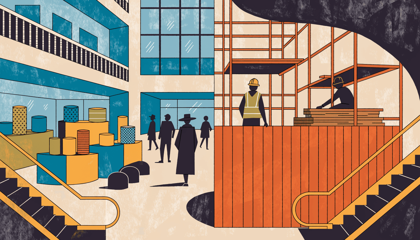 Illustration of a department-store atrium split in two: one side bustling with shoppers and displays, the other screened off behind construction hoarding and scaffolding, warm editorial style.