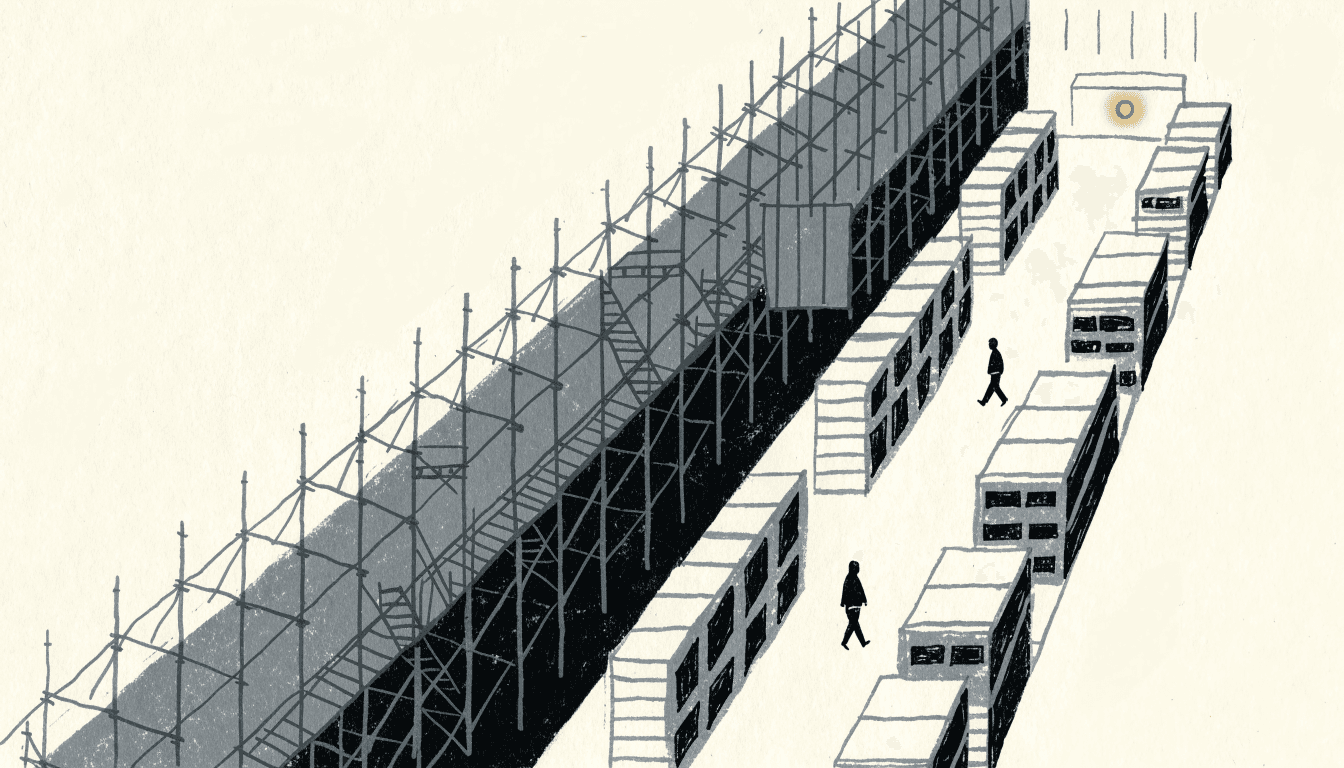 Editorial illustration of a department store sales floor seen in cross-section, one wing bright and bustling with shoppers in silhouette, the other wing partly screened by construction hoarding, a duty-free counter glowing warmly between them.