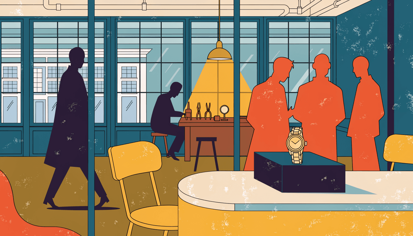 Illustration of a luxury watch boutique interior with a glass-walled workshop area where a watchmaker's tools and loupe sit on a bench, warm near-monochrome palette.