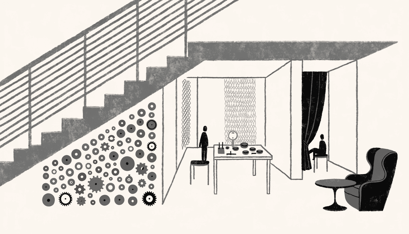 Illustration of a luxury watch boutique's interior across two floors, a wall of tiny mechanical components, a craftsperson's workbench with a loupe, and a delicate woven textile panel on a far wall.