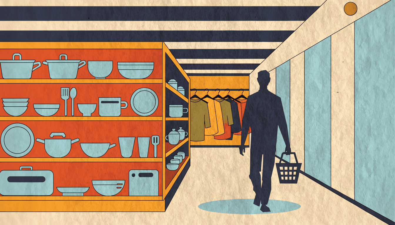 Illustration of a general-merchandise store aisle: well-stocked housewares shelving in the foreground, a thinner clothing rack further back, a silhouetted shopper walking through with a basket.