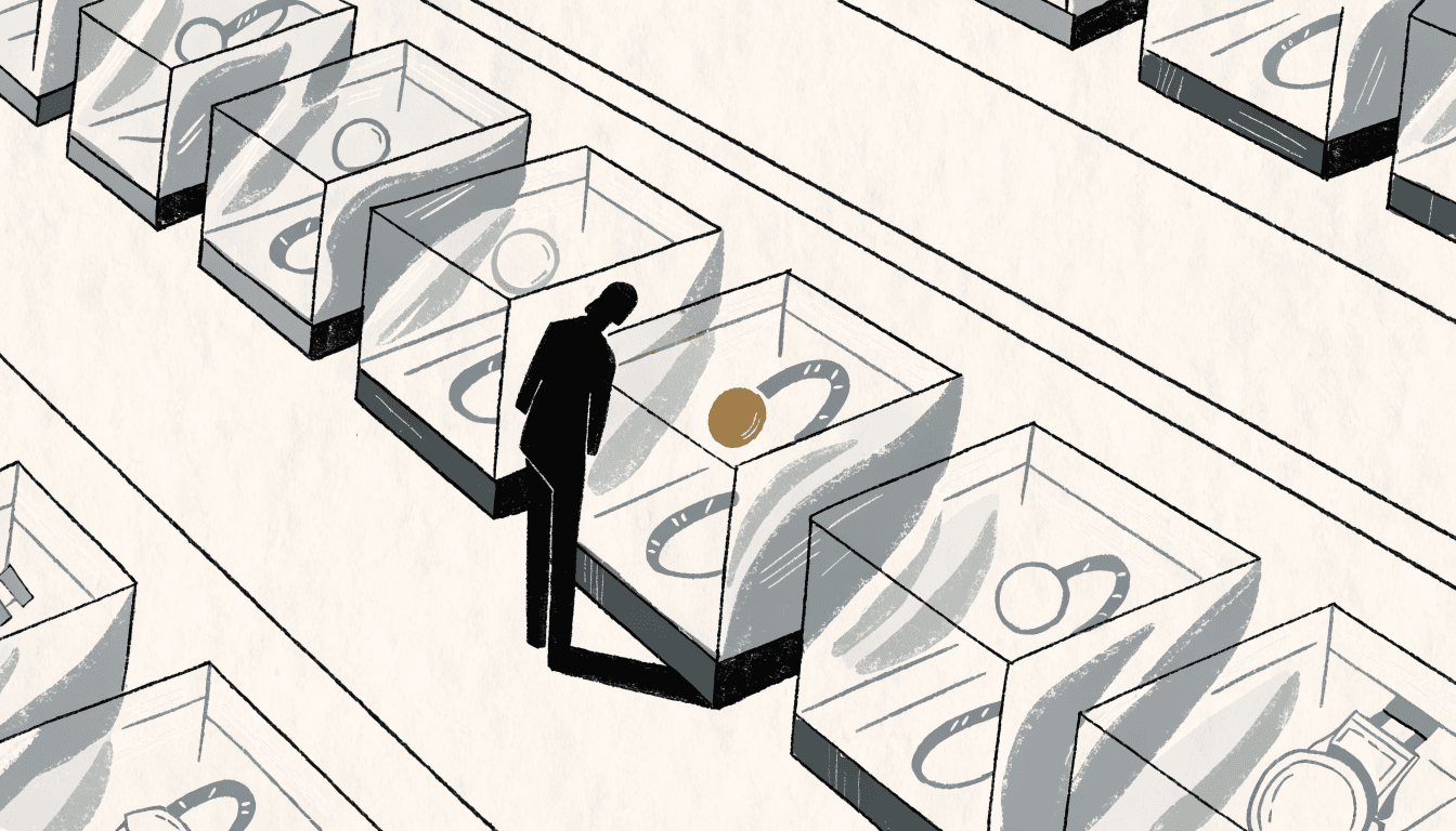 Illustration of a calm department-store jewellery and watch gallery along a long diagonal of glass display cases, with a single silhouette figure browsing, warm near-monochrome palette and one small brass accent.