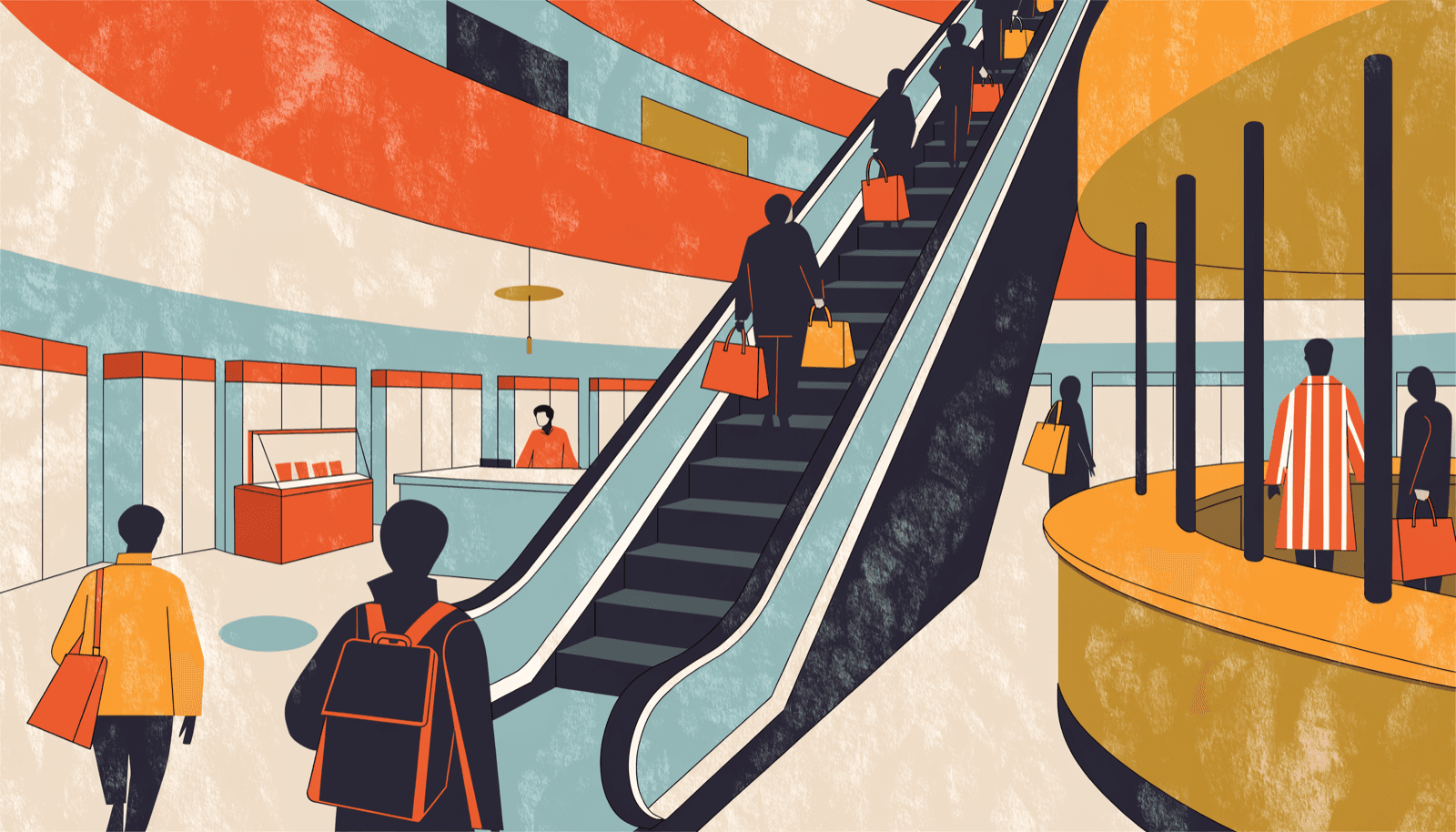 Illustration of a calm marble department-store selling floor along a long diagonal — rows of glass display cases and a dark service counter, with a single small brass disc as the one point of warmth.