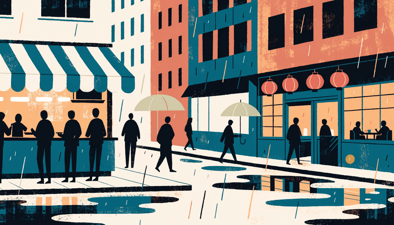 Editorial illustration of a rainy Tokyo restaurant street at dusk: a busy fast-food noodle counter under a striped awning full of silhouette customers, and a quieter red-lantern izakaya across the wet street, warm Monocle-style palette.